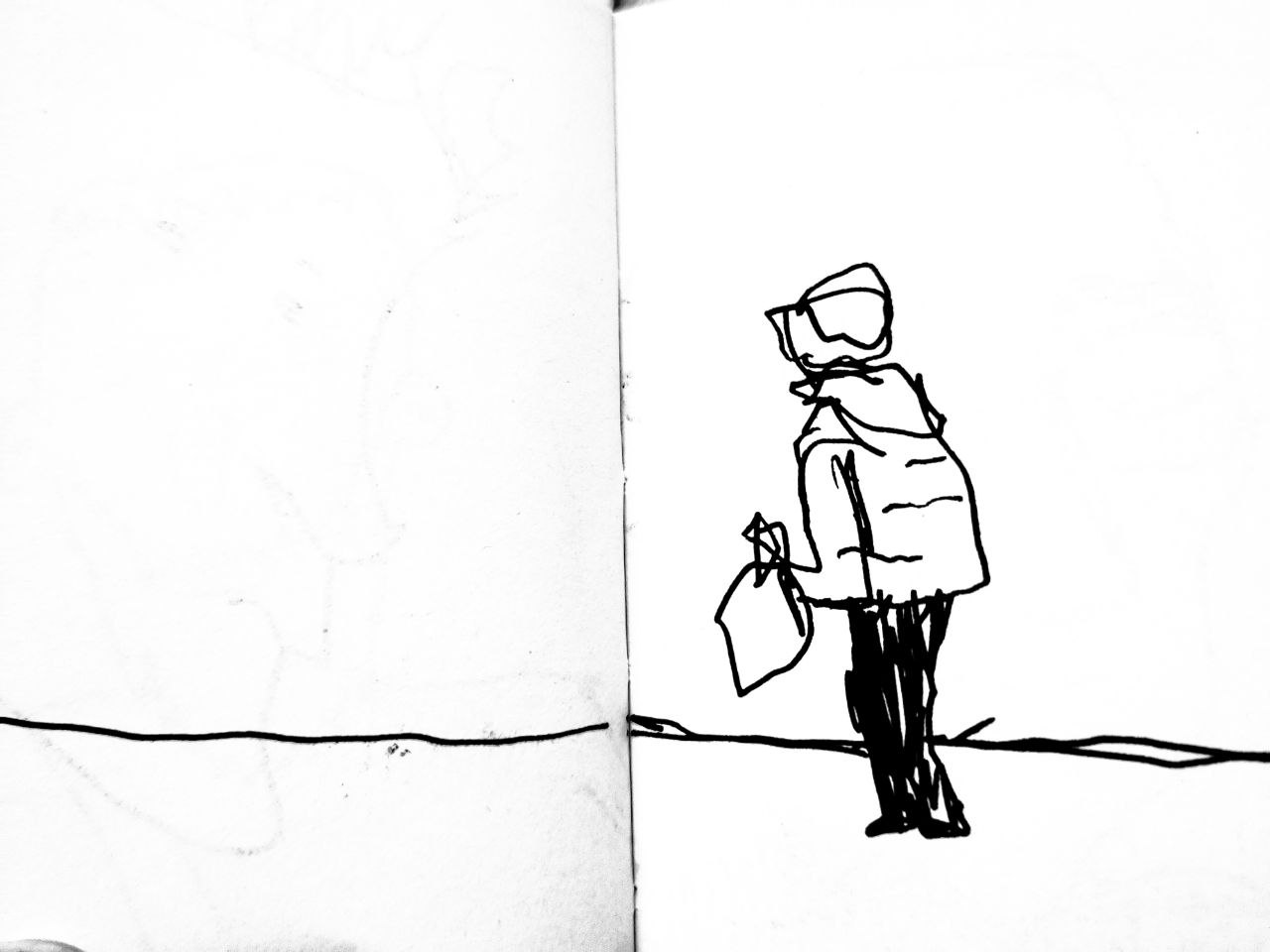 Quick sketch of an elderly lady walking across the street