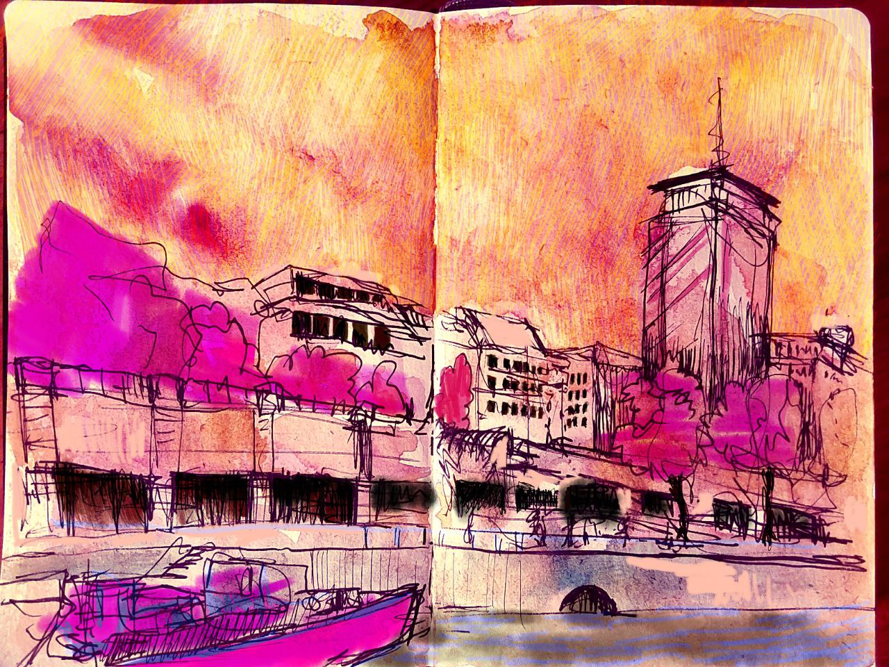 Sketch of buildings along the Danube Canal